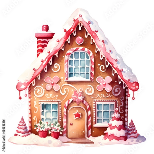 Obraz Watercolor Christmas festive gingerbread cute house with pink and white icing, decorations, candies, trees in snow scene, isolated on white background, winter season, holiday