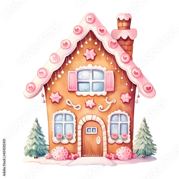 Obraz Watercolor Christmas festive gingerbread house with pink icing, blue windows, and trees in snow scene, isolated on white background, winter season, holiday
