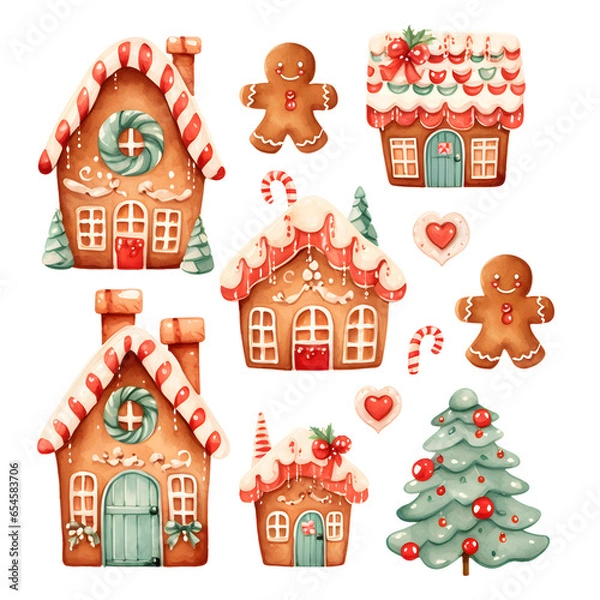 Obraz Set watercolor Christmas festive gingerbread cute house with frosting and icing decorations, candy cane, gingerbread man, cookies, trees isolated on white background, winter season, holiday