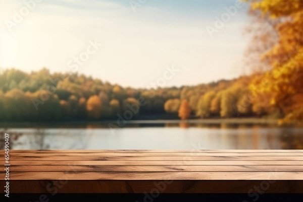 Fototapeta Empty wooden table top with blurred autumn lake background for product display montage