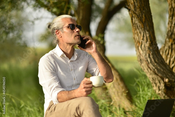 Obraz Businessman doing business analysis and evaluation by phone.