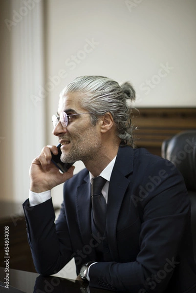 Fototapeta Business person talking on the phone, having a job interview, doing analysis with a tablet, and doing a job evaluation with a laptop.