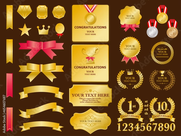 Fototapeta ゴールドプレートとメダルと月桂樹の素材セット