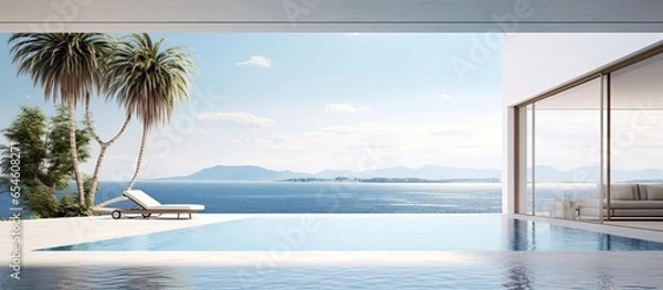 Fototapeta Luxury villa interior featuring a swimming pool with ocean view