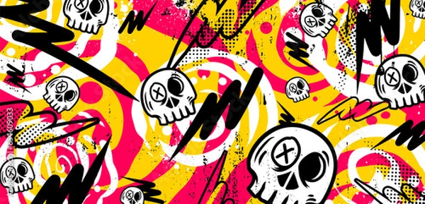 Fototapeta Graffiti background with throw-up, scribble and tagging in vibrant colors. Abstract graffiti in vector illustrations.