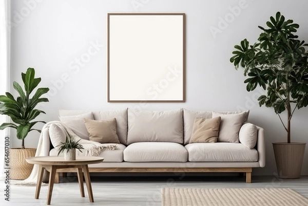 Fototapeta Mockup frame on wall and plants in pot and sofa in living room at home, mock up poster for presentation, your design for gallery photo and picture, border template and decoration for advertising.