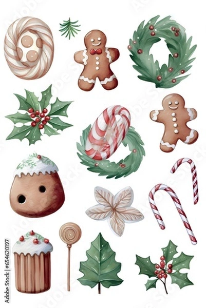 Fototapeta Watercolour cartoon style christmas clipart variations, simple, vector, decoration, candy, cake