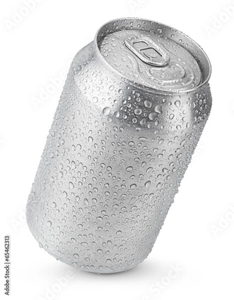 Obraz 330 ml aluminiowej sody z kroplami wody izolowanymi na białym