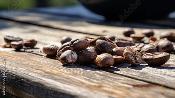 Obraz close up of nuts and dried fruit, Coffee seed on a weathered outdoor table, natural, Ai Generate 