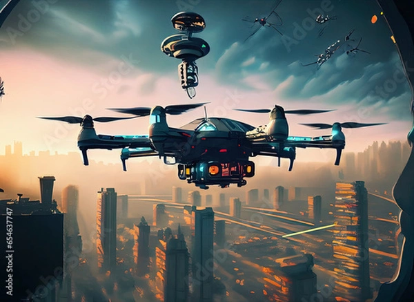 Obraz airplane flying over the city