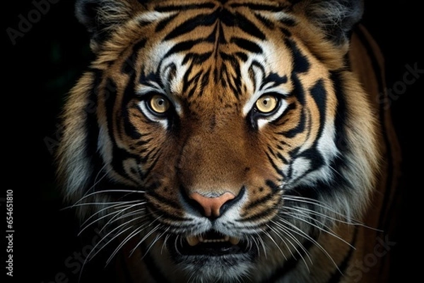 Fototapeta Generative AI : Bengal tiger face with eyes looking at the nature of the beast.