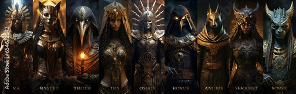 Fototapeta Ancient god goddess from Egypt set. Ra, Bastet, Thoth, Isis, Osiris, Horus, Anubis, Sekhmet, Sobek.