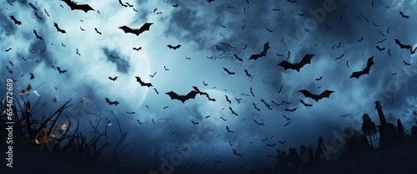 Fototapeta Spooky halloween sky background with bats and full moon background.