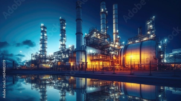 Obraz Industry pipeline transport petrochemical, gas and oil processing. The power industry factory at night. Generative Ai