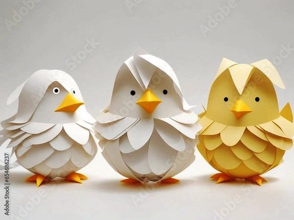 Obraz Easter chicks in origami style isolated on a white background. Easter eggs and chickens made of paper on a white background.