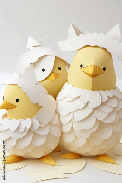 Obraz Easter chicks in origami style isolated on a white background. Easter eggs and chickens made of paper on a white background.