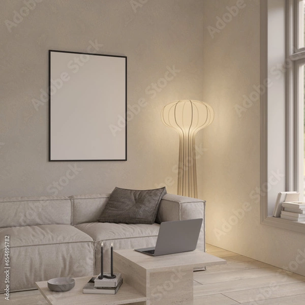Fototapeta Modern minimalist living room interior with floor lamp , decor and empty poster frame , 3d rendering