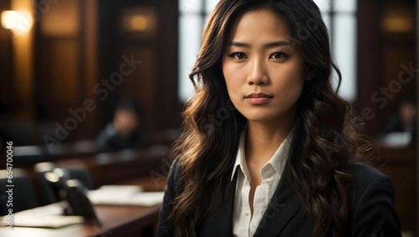 Obraz A professional and empathetic woman lawyer, her demeanor commanding attention against the blurred courtroom backdrop, representing excellence in the legal field