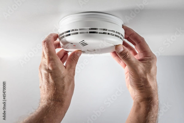 Fototapeta Home smoke and fire alarm detector installing, checking, testing or replace battery