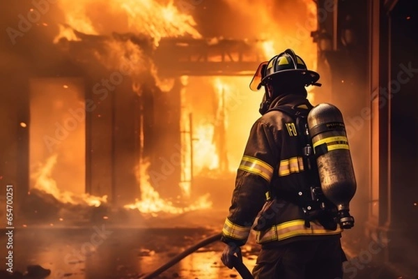 Fototapeta Firefighter works on fire, fireman walks inside burning building