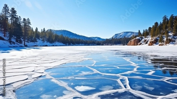 Fototapeta Blue ice and cracks on the surface of the ice. Frozen lake under a blue sky in the winter. The hills of pines. Generative Ai