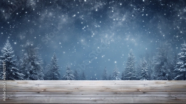 Fototapeta Winter Table - Snowy Plank With Snowfall In The Cold Sky. Generative Ai