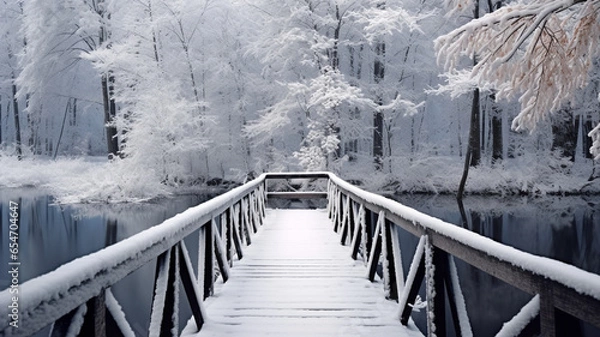 Fototapeta Snowy, wooden bridge on a winter day. Generative Ai