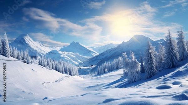 Fototapeta Beautiful snowy landscape with mountains. Generative Ai