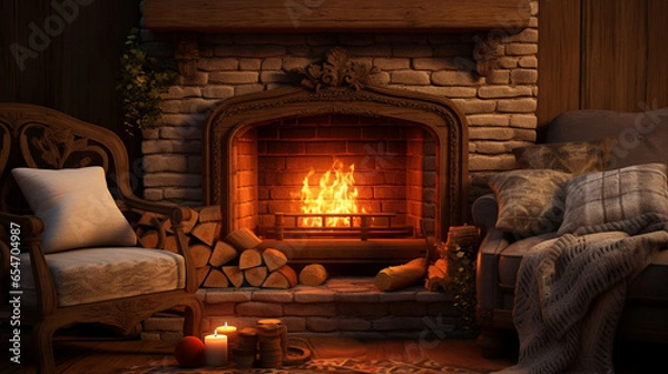 Fototapeta Warm cozy fireplace with real wood burning in it, Cozy winter concept. Generative Ai