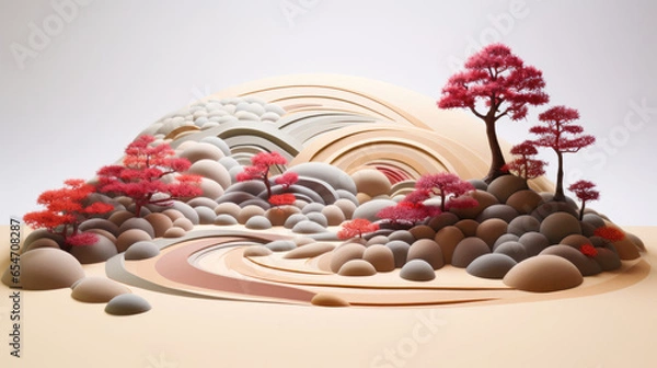 Fototapeta Zen garden raked sand and meticulously placed stones made in paper cut craft,  Layered paper,  Paper craft