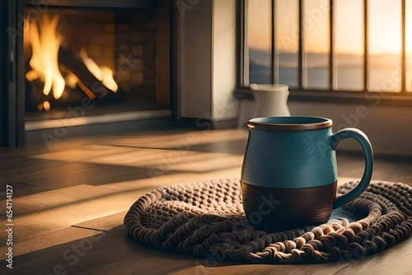 Obraz fireplace in the room, miorning  ,coffee mug 
