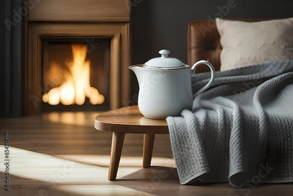Obraz living room with a fireplace,morning ,tea time
