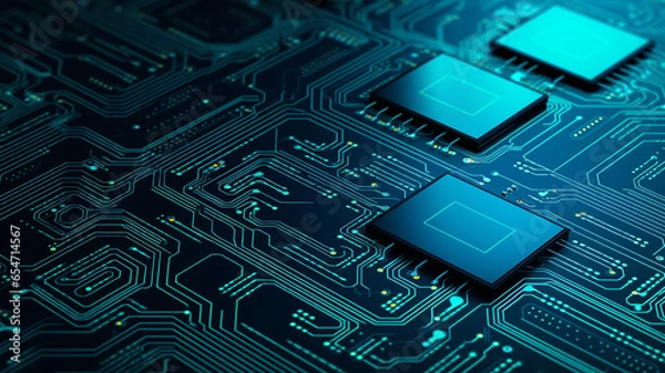 Fototapeta Circuit board electronic chips or electrical line engineering technology concept background