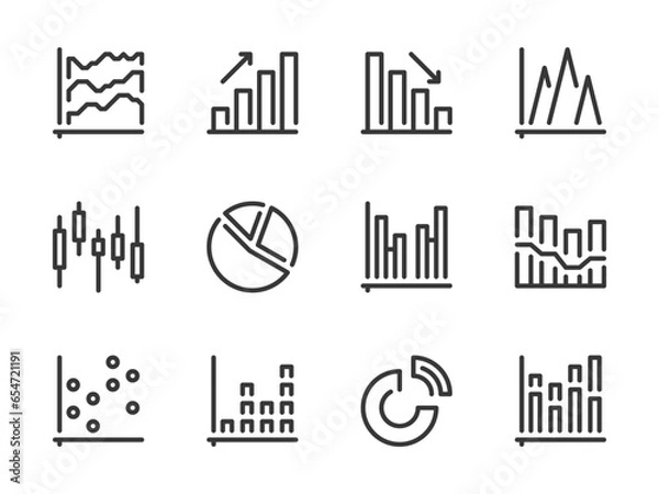 Fototapeta Graph and Chart vector line icons. Graphical Data Report outline icon set. Pie chart, Statistics, Graphic, Diagram, Dot Plot, Flowchart and more.