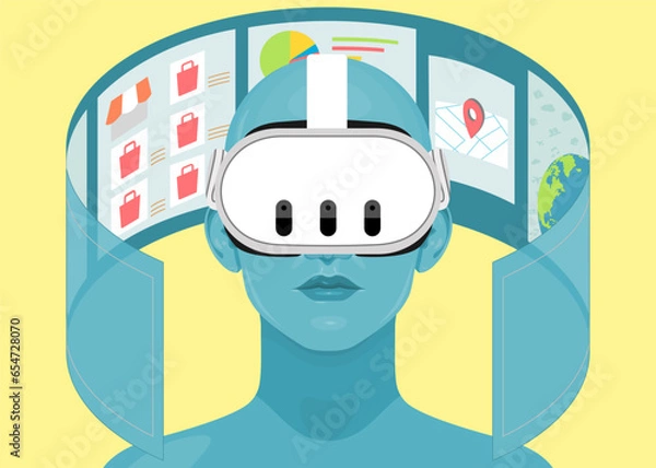 Fototapeta Human face in augmented or virtual reality glasses. Metaverse digital virtual reality technology, Vector illustration 