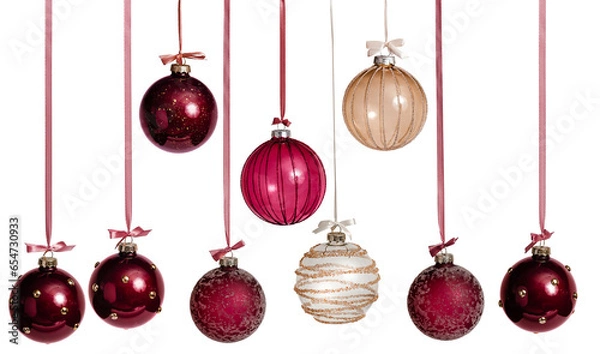 Obraz New Year's Christmas balls in brown burgundy gold color on a white background. Balloons hang on a ribbon with a bow.