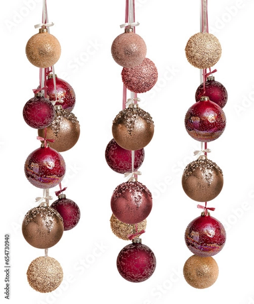 Obraz A bunch of New Year's Christmas balls in brown burgundy gold color on a white background. Balloons hang on a ribbon with a bow.