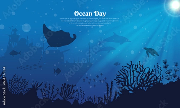 Fototapeta World oceans day design with underwater ocean, dolphin, shark, coral, sea plants, stingray and turtle. Let's save our oceans.
