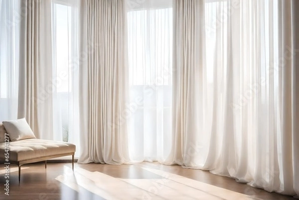 Fototapeta A Photograph capturing the essence of a minimalist interior in pearlescent white, accentuated by soft natural light streaming through sheer curtains.