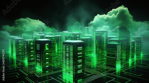 Obraz network infrastructure room is lit green