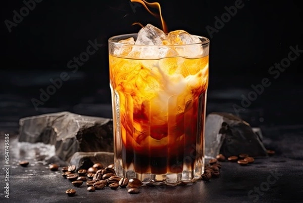 Obraz Stacked ice and layered espresso orange juice and syrup in a see through glass on a stone backdrop