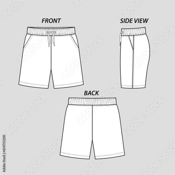 Fototapeta Shorts basic Regular drawstring waistband gathering side pocket detail fashion flat sketch technical drawing template design vector