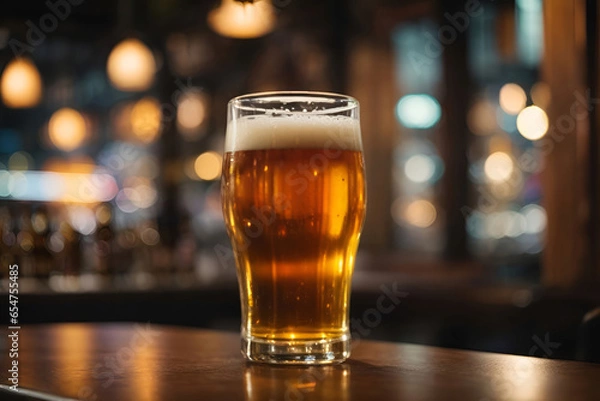Fototapeta a glass of beer on the table with Bokeh background on the evening pub