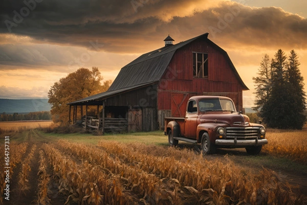 Fototapeta old barn in the field with vintage truck parking in front of the farm