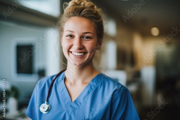 Obraz Smiling portrait of a happy female caucasian nurse working in an office