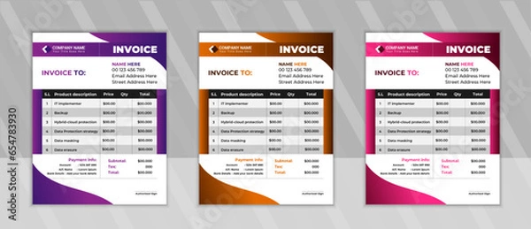 Fototapeta Minimal Corporate Business Invoice design template vector illustration bill form price invoice. Creative invoice template vector. 
business stationery design payment agreement design template