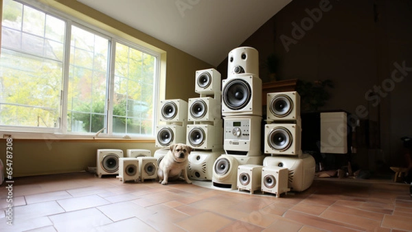 Obraz Boxer Hund mit super coolen Musik Boxen Querformat als Banner, ai generativ