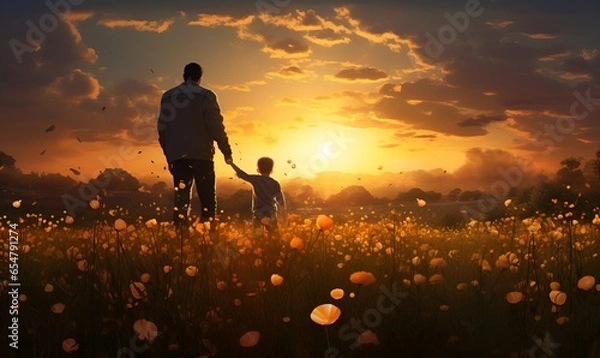 Fototapeta father and son silhouette in flower field at sunset, ai generative