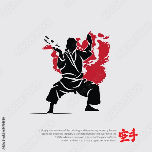 Fototapeta Martial arts silhouette character logo illustration. Foreign word in japanese means Karate.	