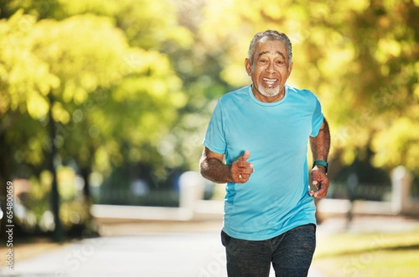 Fototapeta Portrait, summer and an old man running in the park for fitness, cardio training or a marathon. Exercise, smile and a happy senior runner outdoor for a workout to improve health or wellness on space